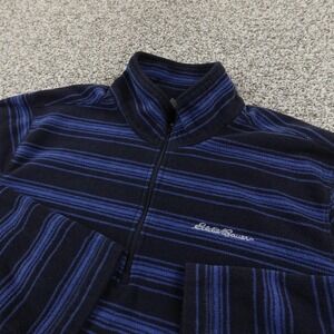 Eddie Bauer Sweater Mens L Blue Stripe Fleece 1/4 Zip Mock Neck Pullover Soft